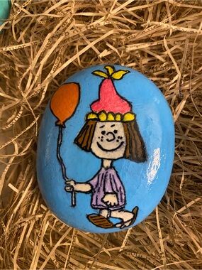 Hand-Painted  Rock Art Peppermint Patty and Orange Balloon